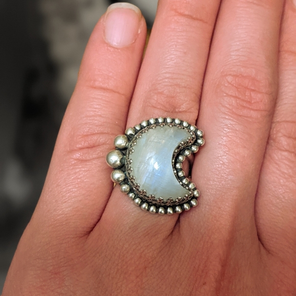Sterling Silver Moonstone Crescent Moon Ring - Picture 6 of 10